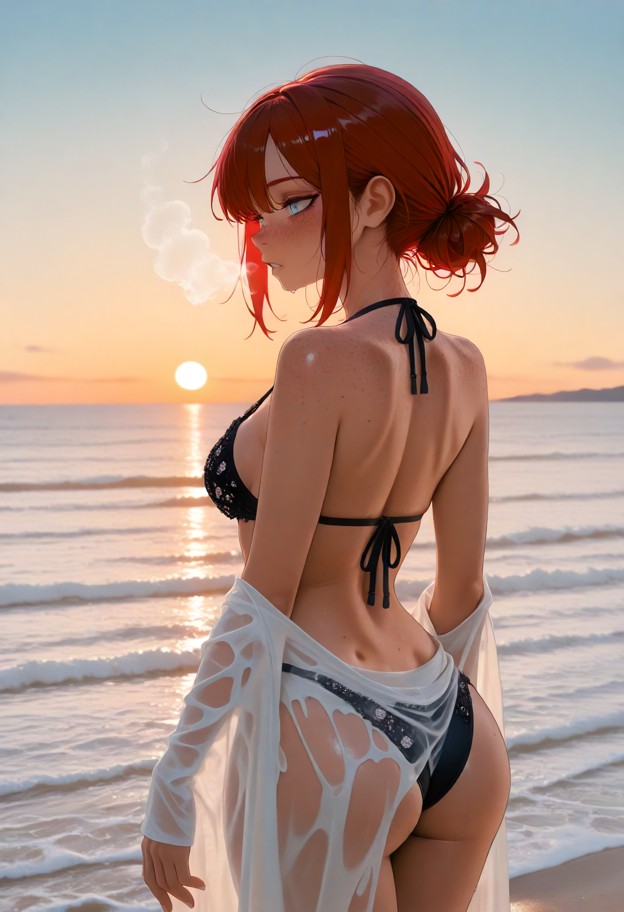 petite woman walking along the water's edge,wearing a crochet cover-up over a tiny string bikini. wet fabric clings t…