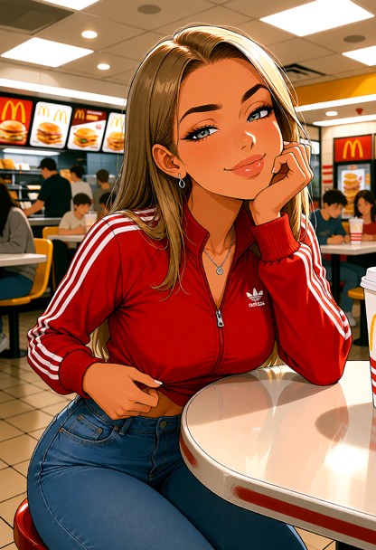 Location: bright and sterile McDonald's interior with fluorescent overhead lights reflecting off plastic tables and l…