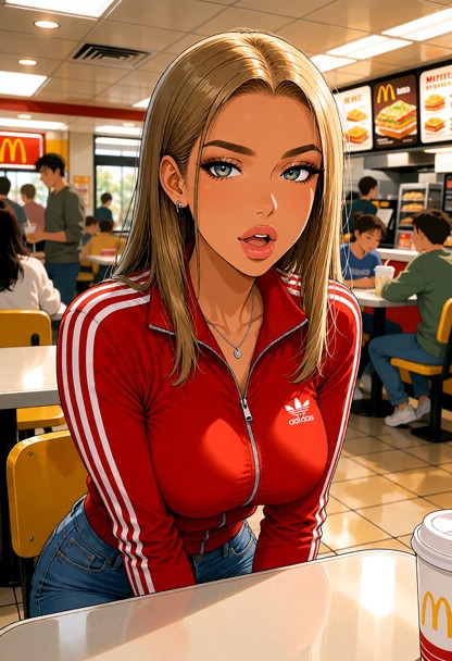 Location: bright and sterile McDonald's interior with fluorescent overhead lights reflecting off plastic tables and l…