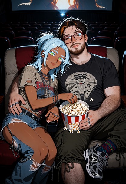 Create a highly detailed, cinematic, realistic scene of Milena Dragović and {{user}} sitting together in a dark movie…