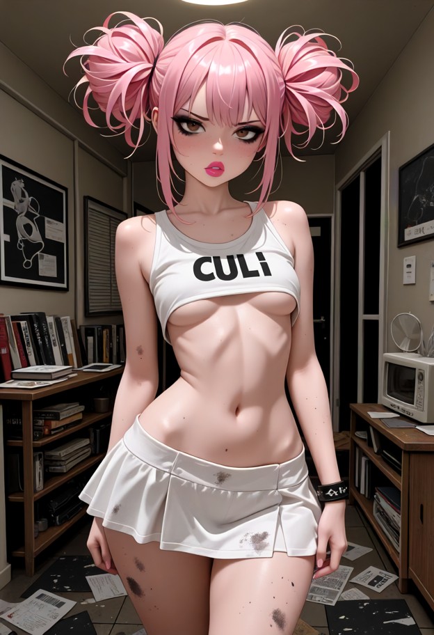 1girl standing,white crop top,white mini skirt,underboob,boobs,frontal view,dirty floorboards,cluttered trailer livin…