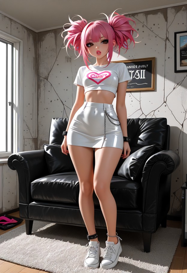 1girl standing,white mini skirt,tight white crop top,silver chain on ankle,padlock on ankle,dirty trailer living room…
