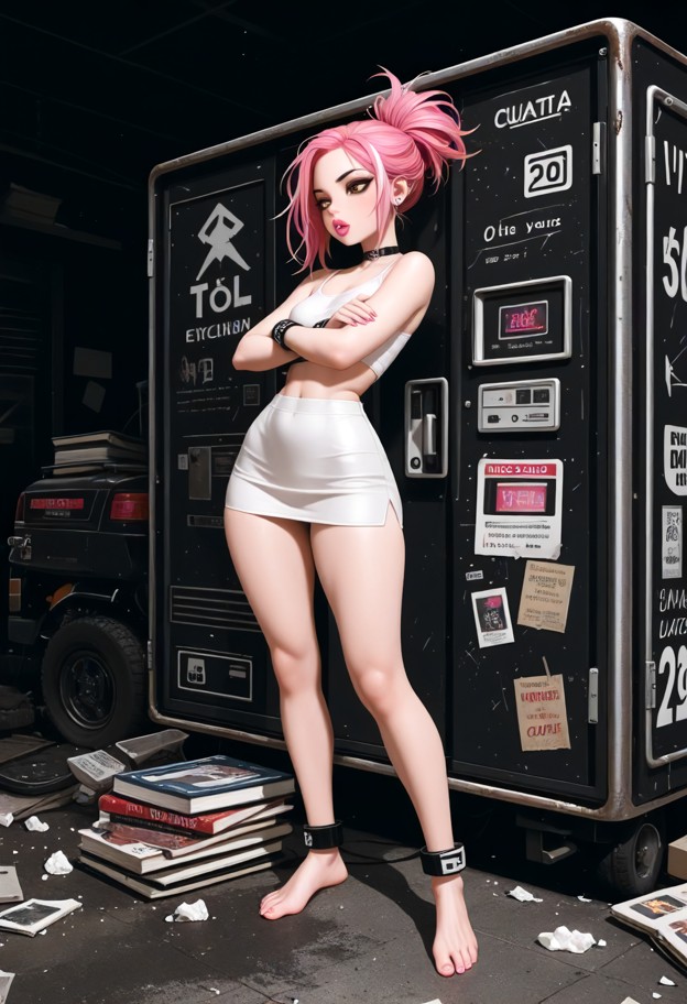 1girl standing,short skirt,tight white crop top,bare thighs,bare foot,ankle monitor,crossed arms,defiant,cluttered tr…