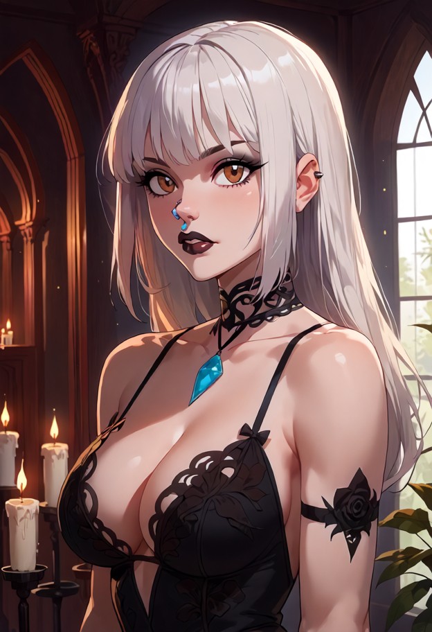 she is standing in front of a man holding a black chest with an acrylic cube inside,black silk dress,black lipstick,d…