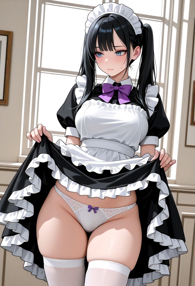 she is lifting her skirt,maid outfit,black dress,white apron,white thighhighs,white panties,bow panties,indoors,windo…