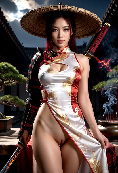 She is wearing a white cheongsam dress with a very high hip slit, with red and gold floral patterns. side openings he…