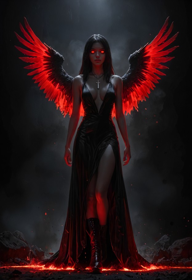 blacken is arching her back and biting the viewer's lip,dark silk gown,black leather boots,blackened silver inverted …