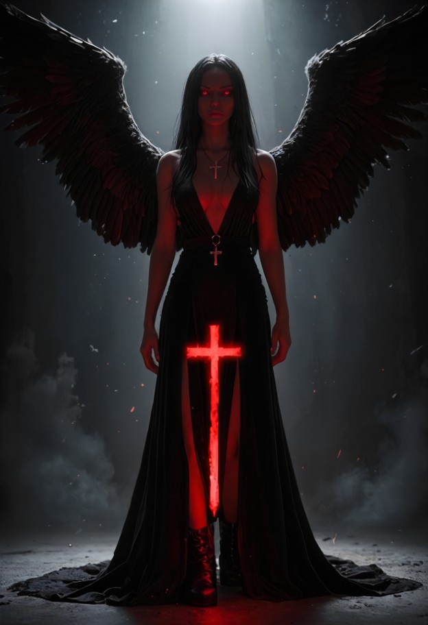 blacken stands tall with dark wings partially unfurled,holding an inverted cross against her chest,dark silk gown,bla…