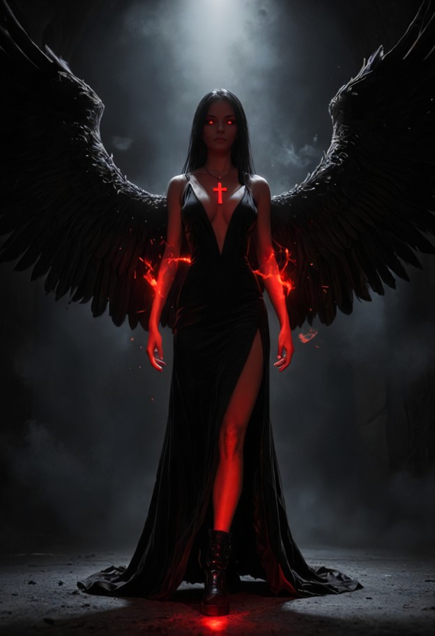 blacken takes a step back and reaches out her hand,dark silk gown,black leather boots,blackened silver inverted cross…