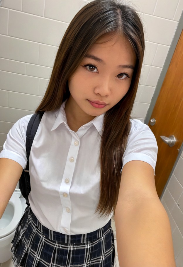 she is is standing near the toilet cubicle door,school uniform,white button-up shirt,pleated plaid skirt,school bathr…