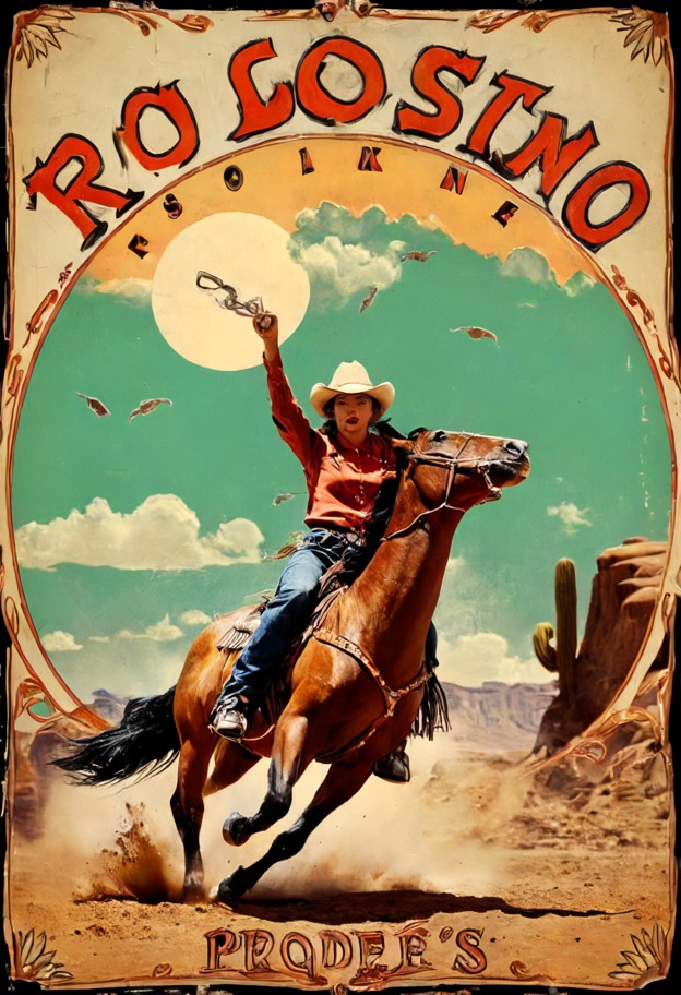 create a vintage 1920s art deco rodeo advertisement featuring rich earth tones,warm desert colors,muted terracotta,sa…