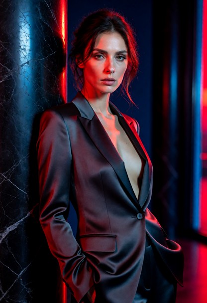 An unfiltered, hyper-realistic 8k RAW cinematic photograph, medium long shot capturing an imperial neo-noir aesthetic…