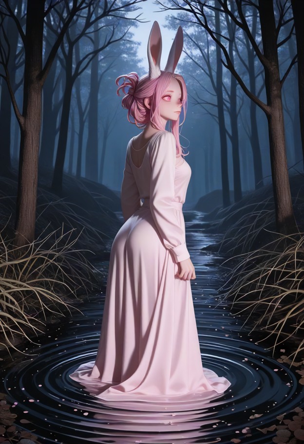 a hauntingly beautiful cinematic wide shot of mochi in a tattered victorian dress walking down a narrow dirt path thr…