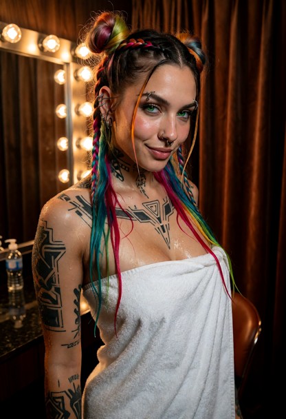 Location: a private, dimly lit VIP dressing room within the nightclub, featuring a large vanity mirror with warm glow…