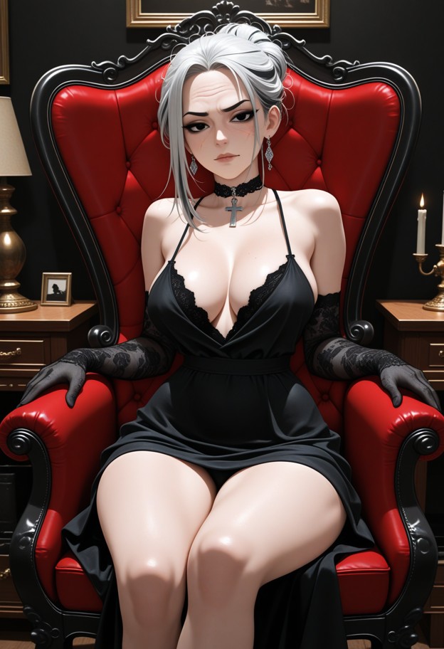 she is sitting in a velvet chair,black silk dress,black lace gloves,dimly lit study,dark wooden bookshelves,mahogany …