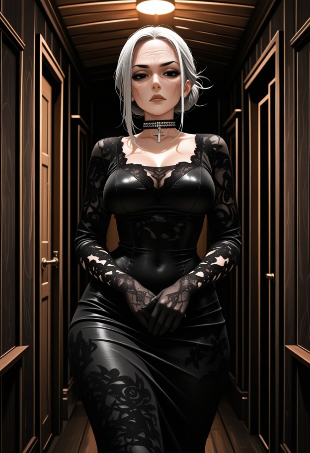 she is standing in a dark hallway,black silk dress,black lace gloves,dark hallway,wooden walls,dim lighting,close up,…