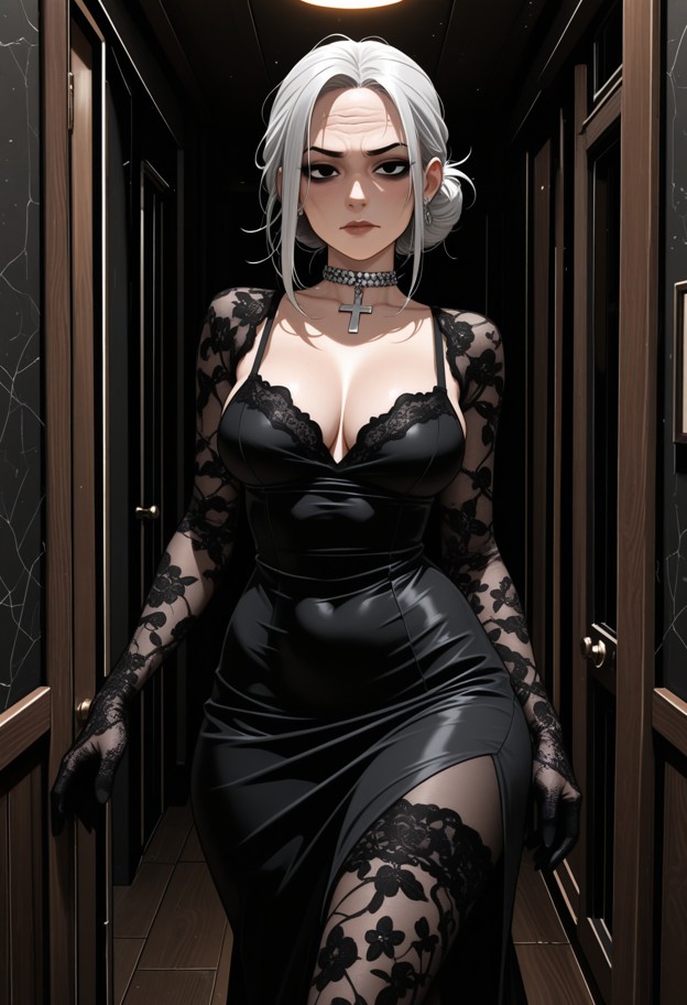 she is stands in a doorway,black silk dress,black lace gloves,dark hallway,wooden walls,dim lighting,facing viewer,ey…