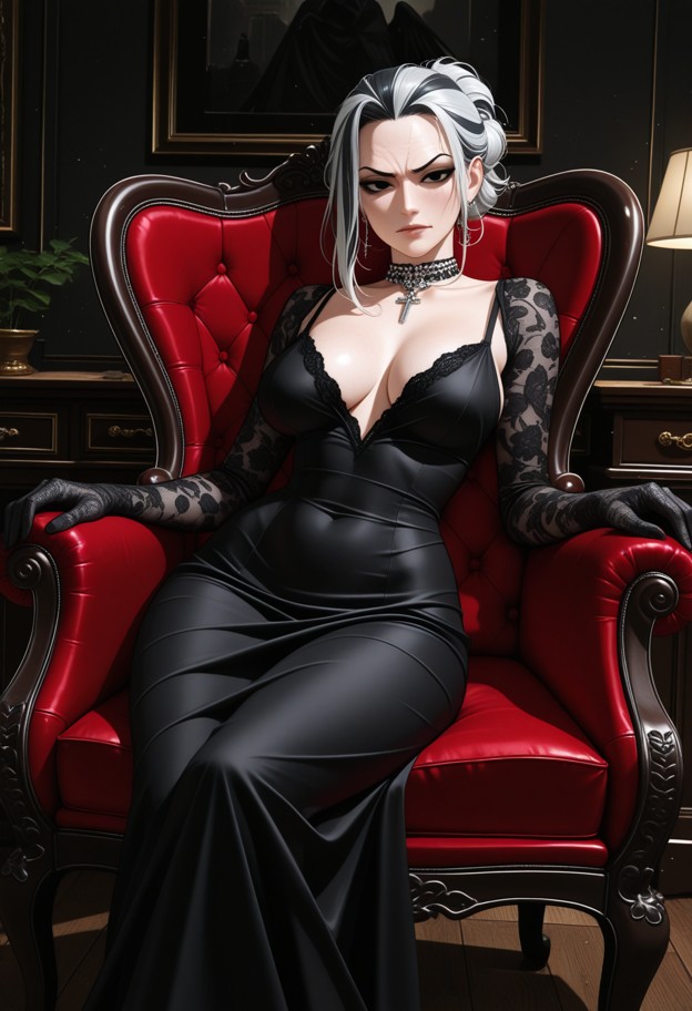 she is sitting in a velvet chair,black silk dress,black lace gloves,dimly lit study,dark wooden bookshelves,mahogany …