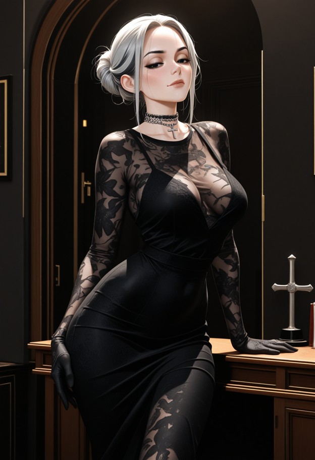 a she is is standing by the desk with eyes closed and a happy expression,black silk dress,black lace gloves,dimly lit…