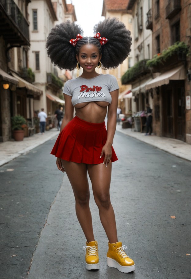full body view,head to toe,front 3/4 view. red mini-skirt with white polkadots. oversized yellow platform shoes. tigh…