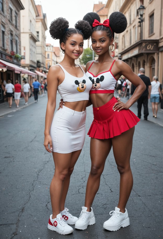 1woman,black woman,full body view,head to toe,front 3/4 view. red mini-skirt with white polkadots. oversized yellow p…