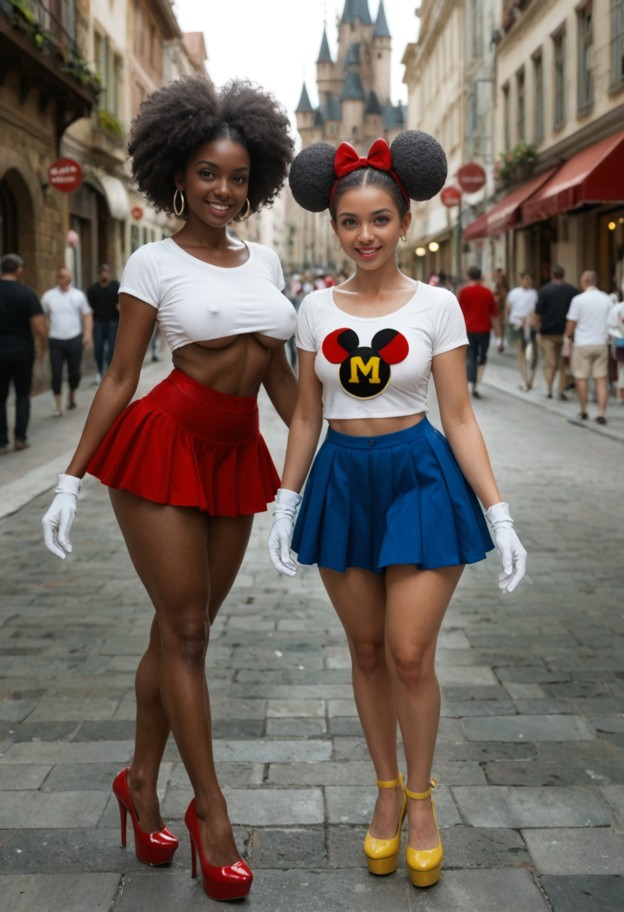 1girl,mature,full body image,black skin,large ass,thick curvy legs,minnie mouse cosplayer,hair with two large symmetr…