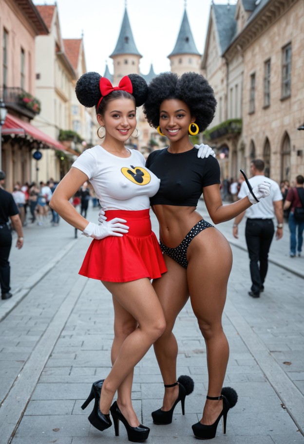 1girl,mature,full body image,black skin,large ass,thick curvy legs,minnie mouse cosplayer,hair with two large symmetr…
