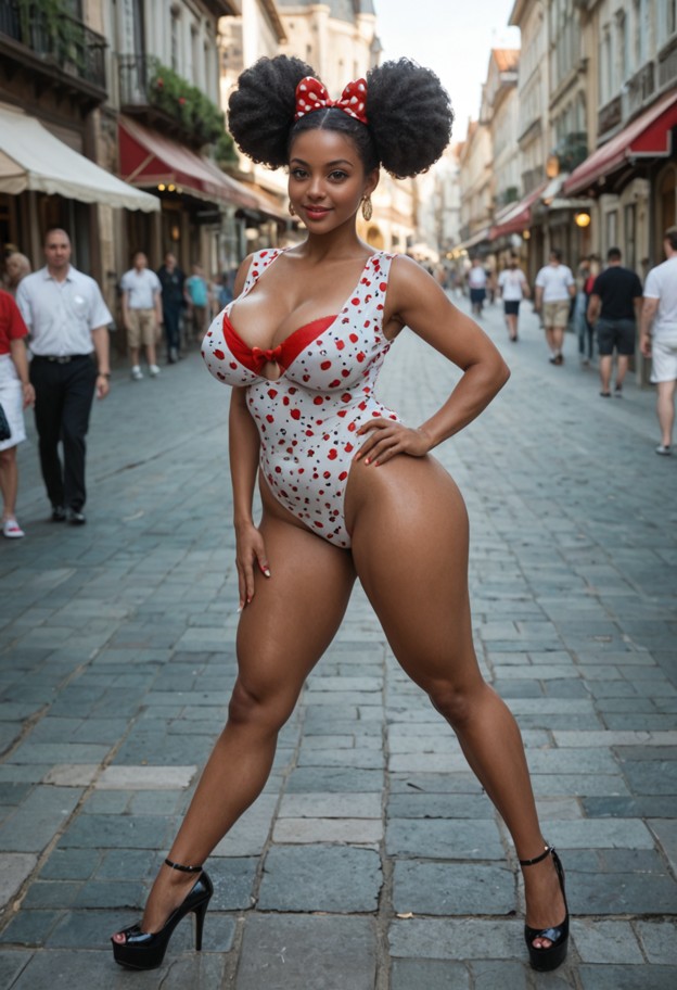 1girl,mature,full body image,black skin,large ass,thick curvy legs,walking on main street usa at disneyworld,cinderel…