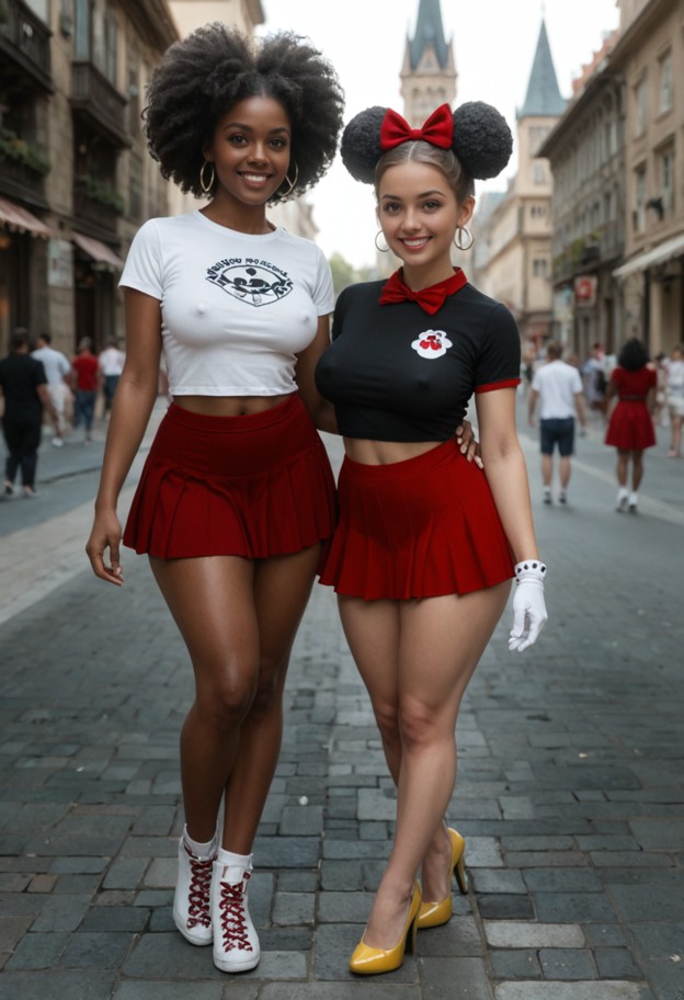 1girl,mature,full body image,black skin,large ass,thick curvy legs,minnie mouse cosplayer,hair with two large symmetr…