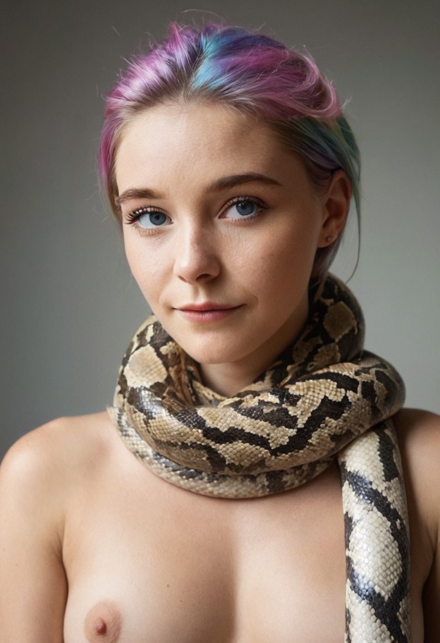 a cinematic medium portrait of a woman standing in a neutral,softly lit room. a large,thick python is draped over her…