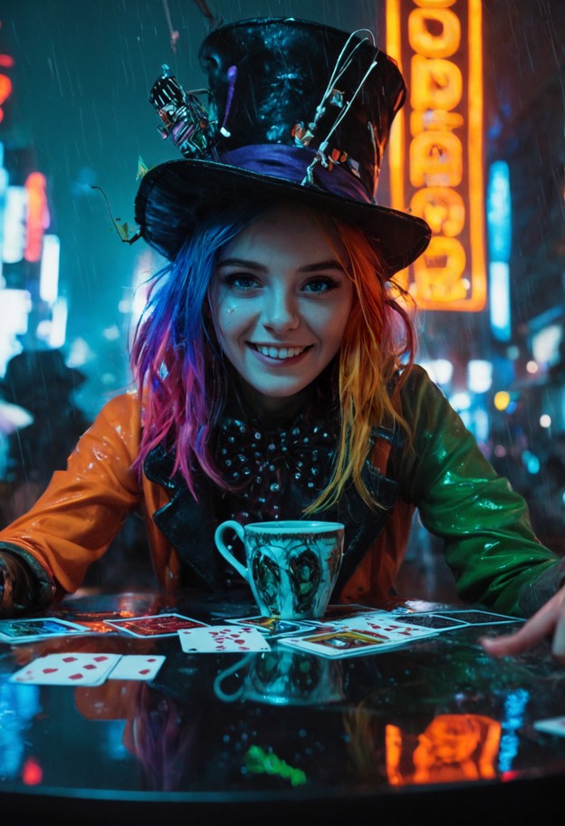 (vertical
composition:1.3),deep perspective shot,long table stretching into the
distance,(cyberpunk mad hatter:1.3)…
