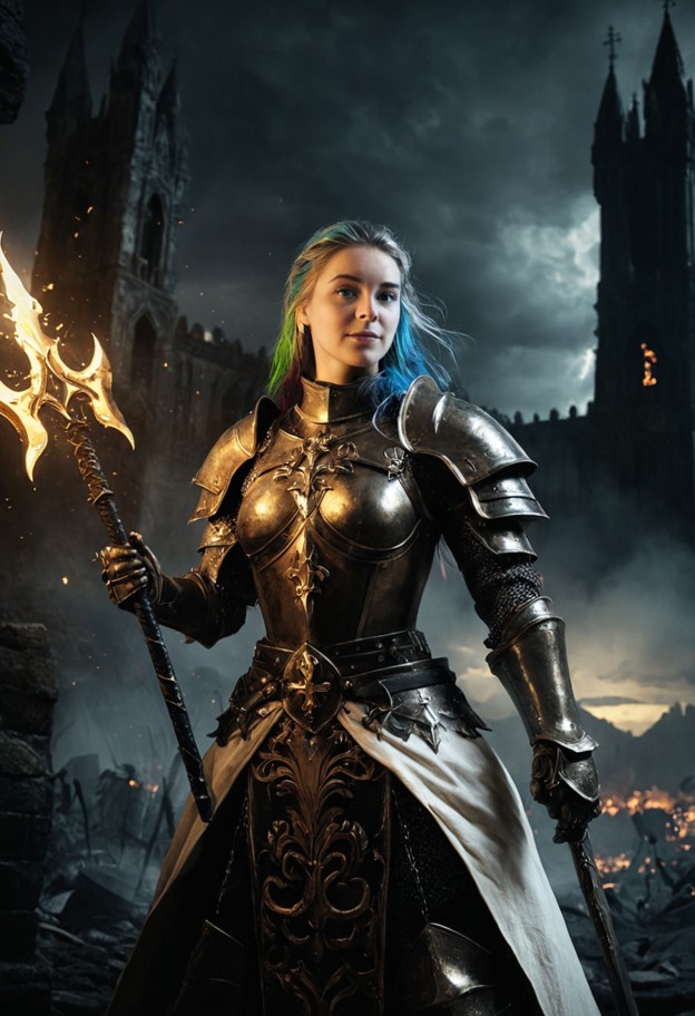a hyper-realistic cinematic poster of a 1girl crusader from diablo 3,standing in a powerful and heroic pose. she is f…