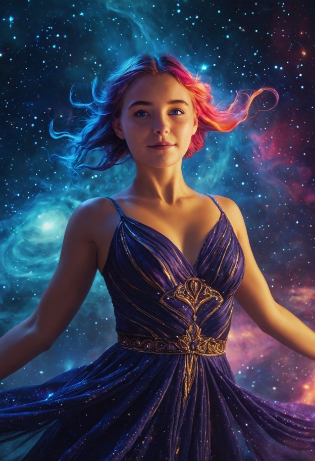 a celestial goddess standing in the heart of a vibrant cosmic nebula,her hands gracefully sculpting a glowing,molten …