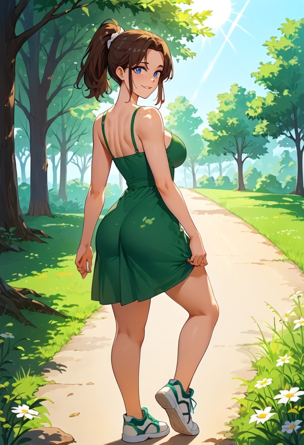 standing,smiling,biting lip,green cotton sundress,white canvas sneakers,outdoor park,green grass,trees,sunlight filte…