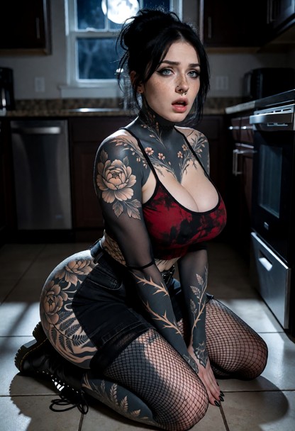 Location: dim kitchen at night with cool moonlight filtering through a window and soft shadows stretching across the …