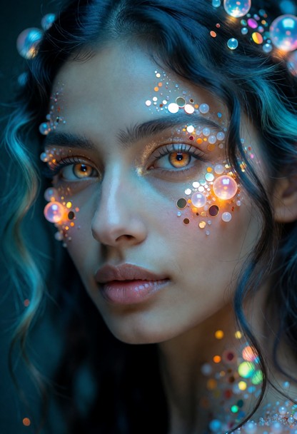 L'image est un portrait en gros plan, réalisé en numérique, du visage d'une jeune femme dans un style fantastique et …