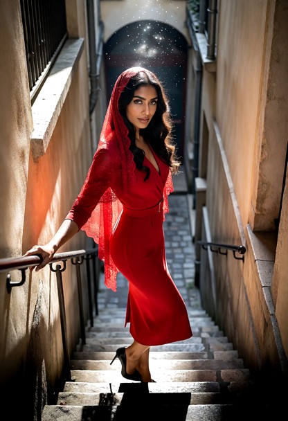 Une femme élégante vêtue d'une robe rouge vive et d'une mantille assortie pose avec assurance dans une ruelle étroite…