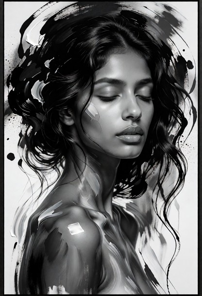 L'image est un portrait saisissant en noir et blanc d'une femme, réalisé dans un style expressif évoquant la peinture…