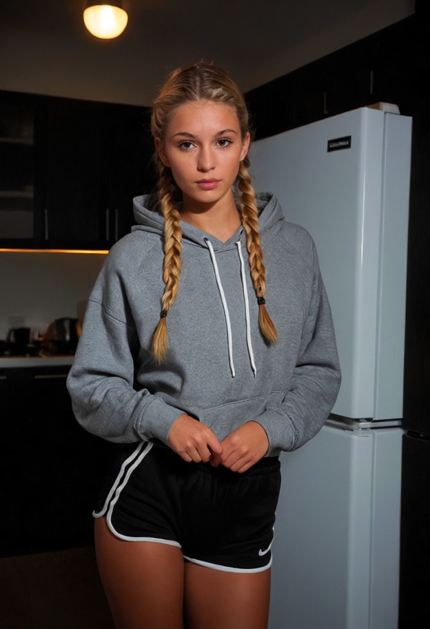 she is is standing in the kitchen at night,grey oversized cotton hoodie,black fabric shorts,kitchen,white refrigerato…