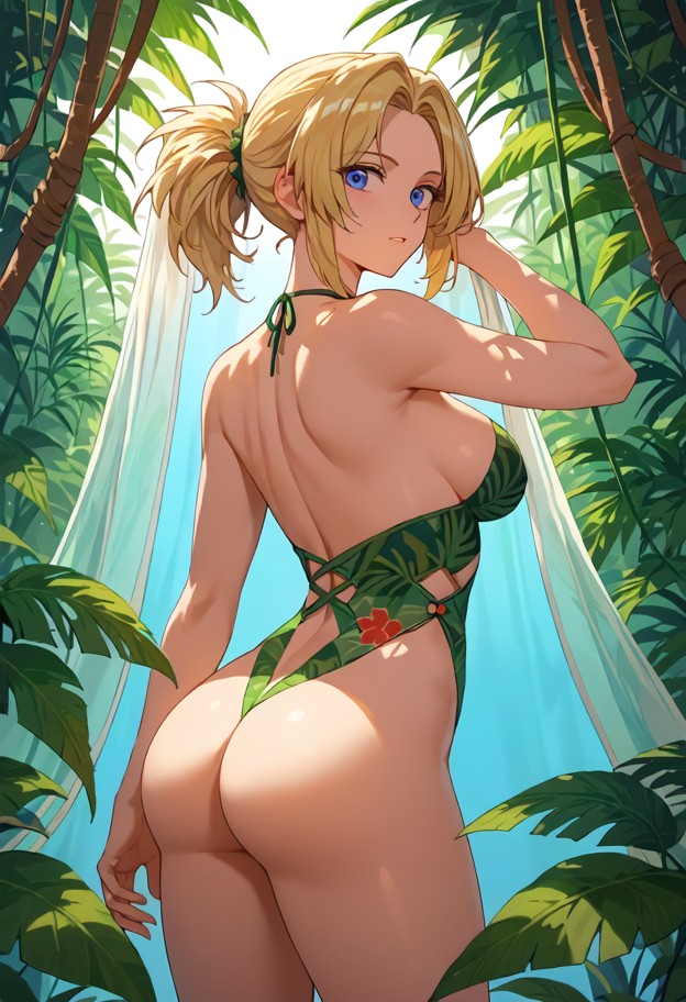 she is standing in a jungle clearing looking at viewer,leaf wrap,lush jungle,tropical plants,sunlight through canopy,…