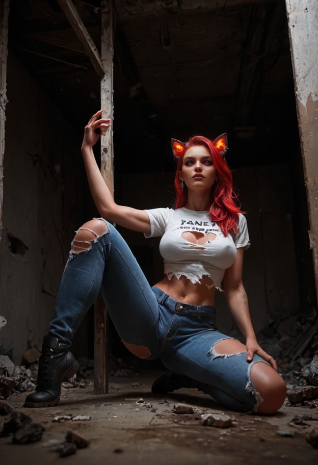 she is is kneeling on the floor with a sad expression,torn white cotton shirt,dirty blue denim jeans,dusty abandoned …
