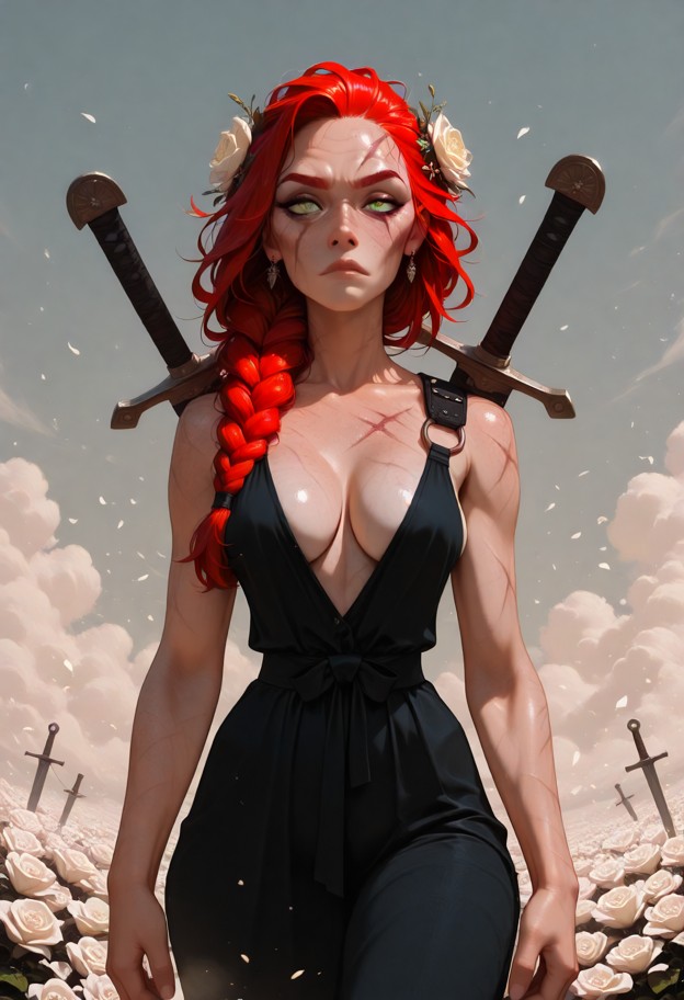 The woman raises both hands up to her shoulders and firmly grabs the sword handles. Cinematic camera slowly zooms out…