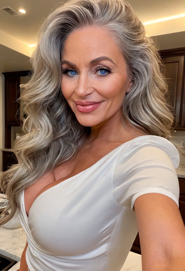 she is is leaning against the white marble counter,smiling,winking,tight white silk blouse,kitchen,white marble count…