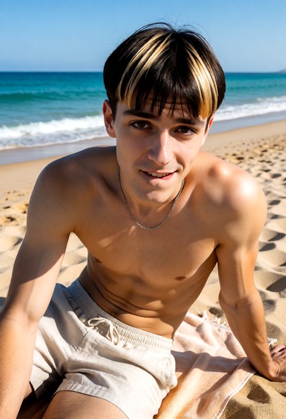 Location: sunny afternoon on an isolated beach with golden sand, gentle turquoise waves lapping at the shoreline, and…