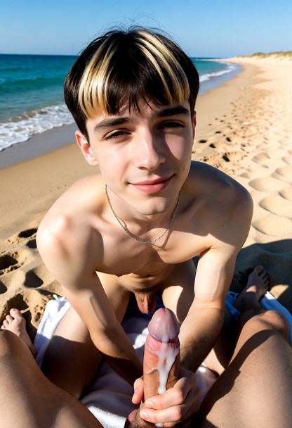 Location: sunny afternoon on an isolated beach with golden sand, gentle turquoise waves lapping at the shoreline, and…
