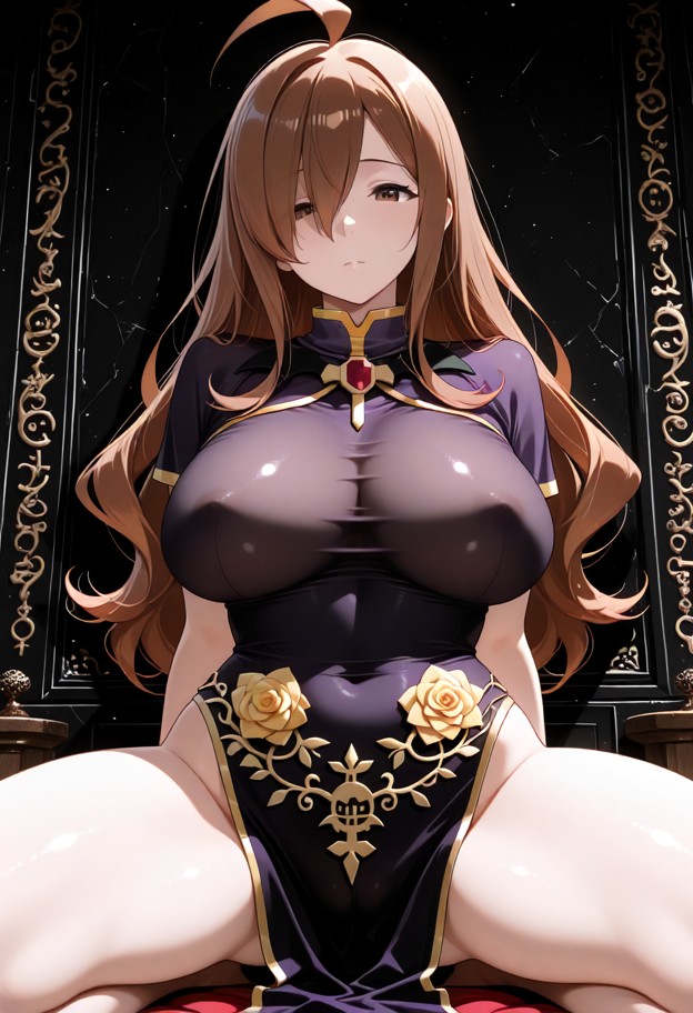1girl kneeling,naked boobs,naked pussy,sheer black cheongsam,gold floral embroidery,dark wood家具,scrolls,frontal view,…
