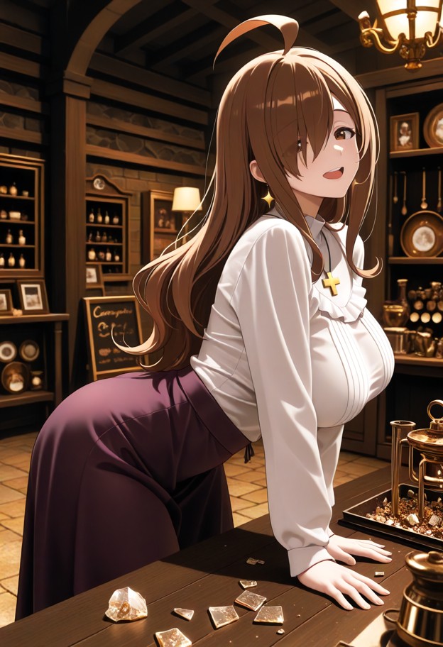 wiz is bending down to pick up broken ceramic shards from the floor,looking at viewer,happy,cream silk blouse,dark br…
