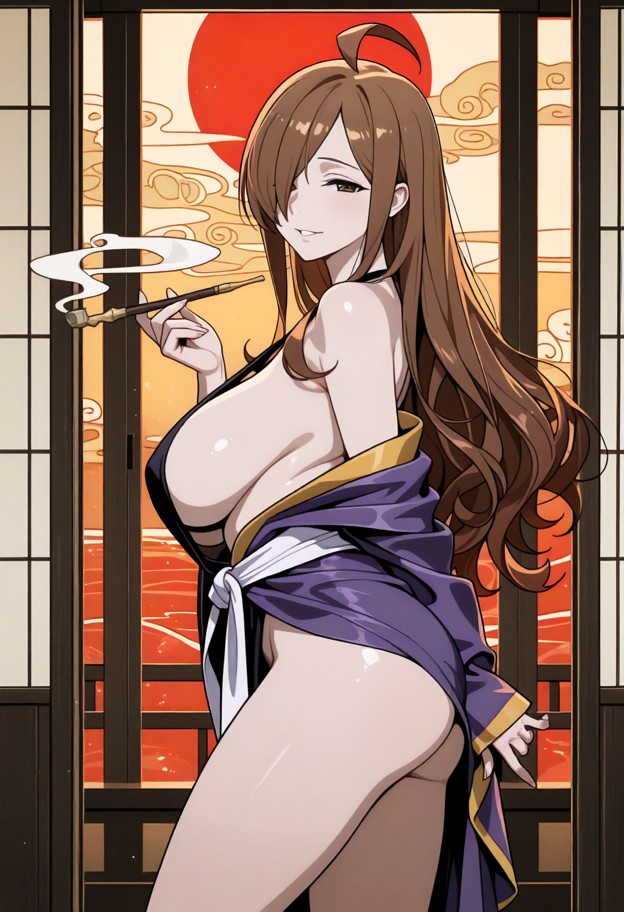 a seductive young woman lounges in a red-light district room,smoking kiseru pipe,smoke curling in elegant,flowing pat…