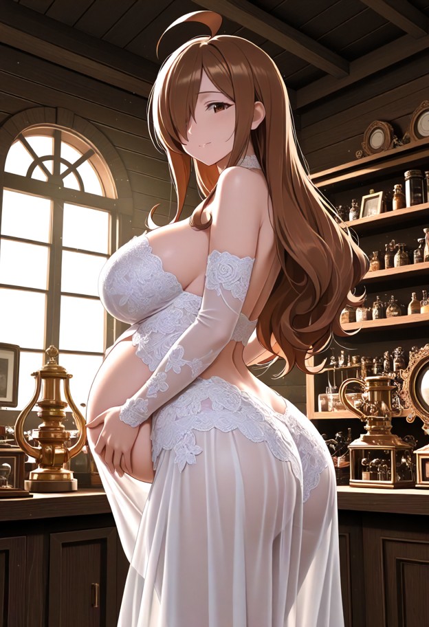 wiz twirls in the antique shop with her hands on her pregnant belly,white lace wedding dress,cluttered antique shop,w…