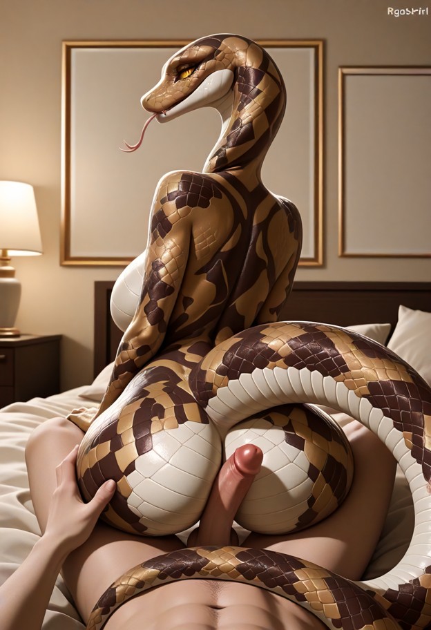 1girl,snake girl,boa print,brown and cream scales,naked,tail coiled around penis,penis,1guy,pov,bedroom,soft lighting…